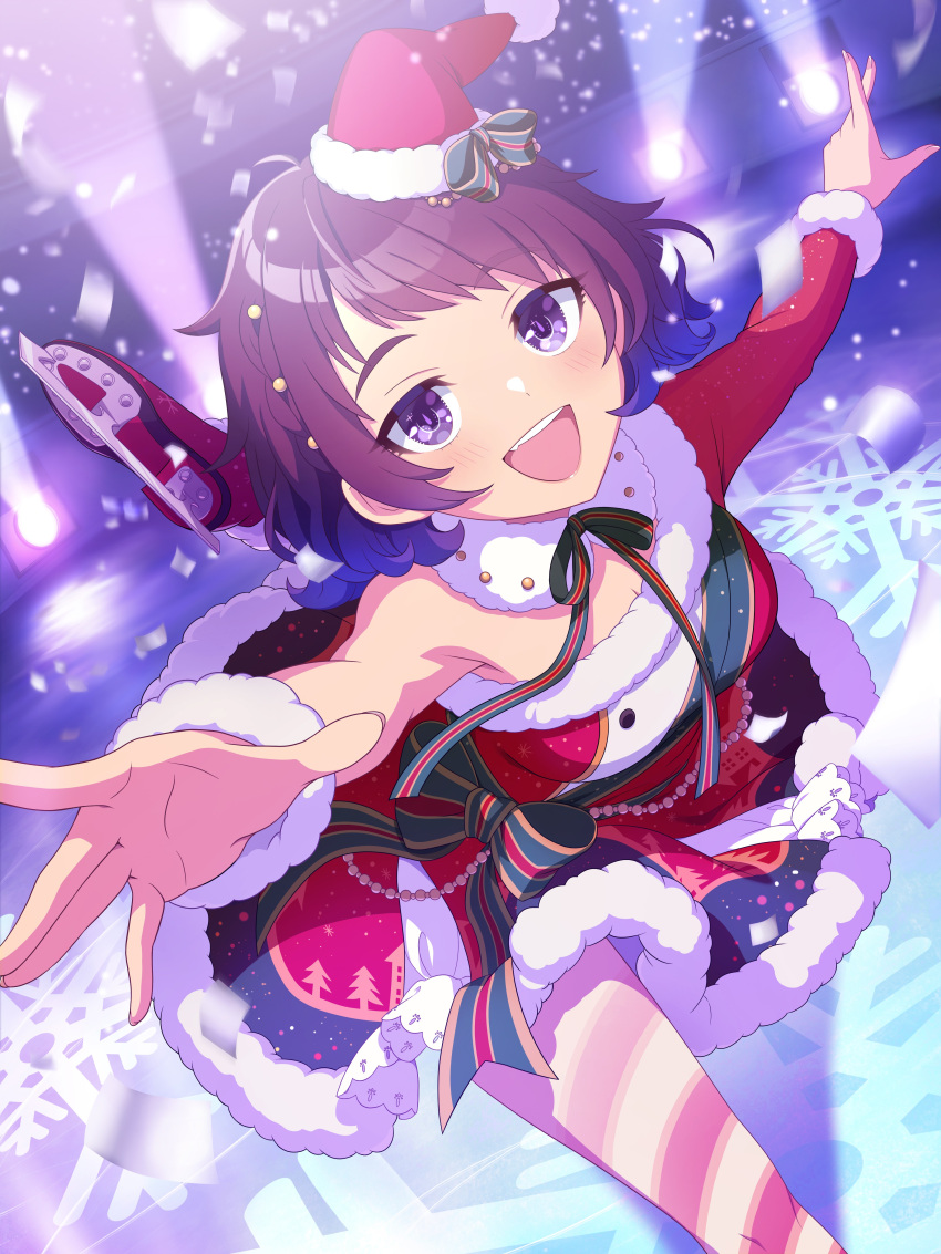 1girl, absurdres, artist_request, brown_hair, confetti, dress, figure_skating, hat