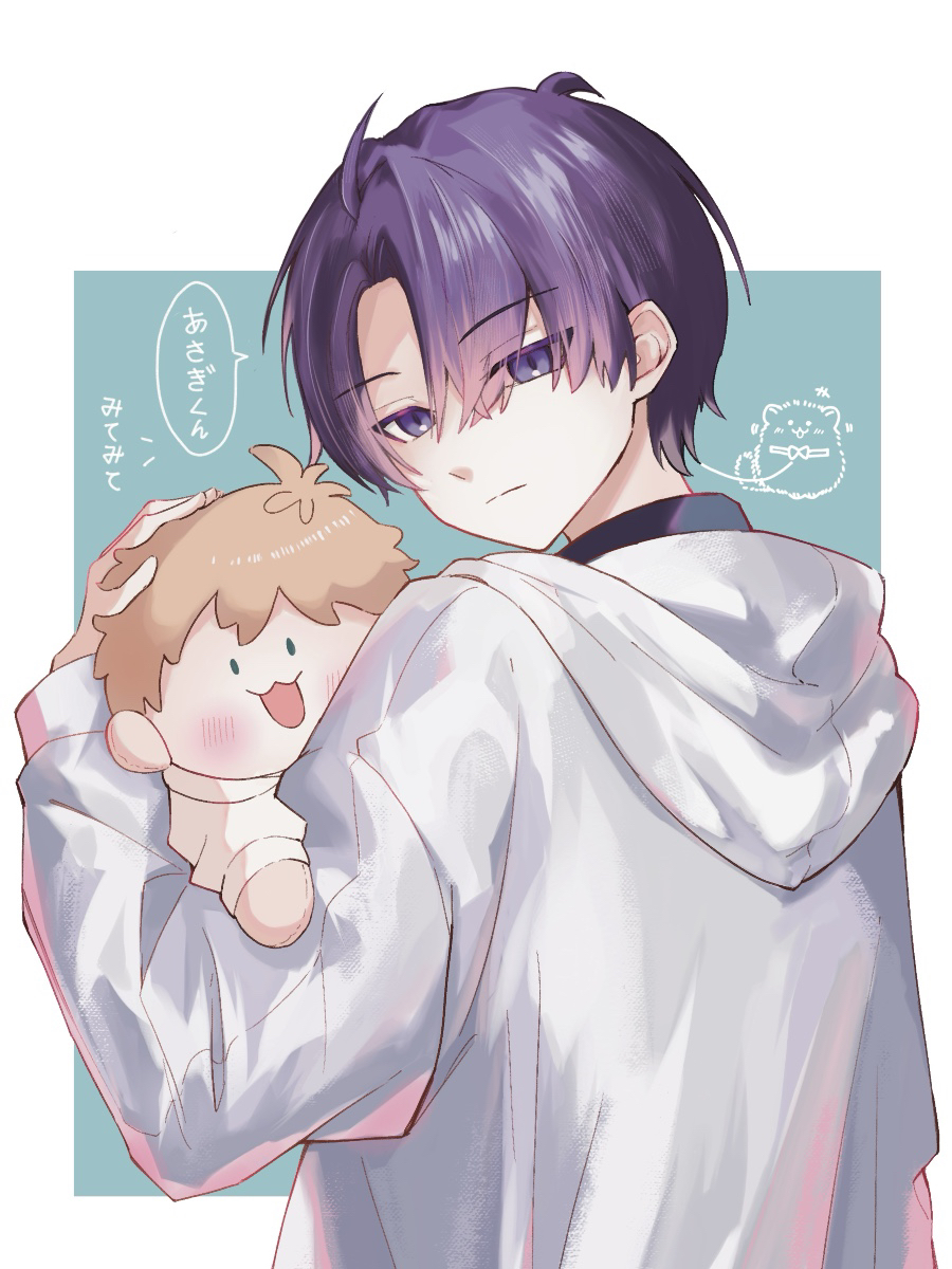 1girl, :3, asagi_(goukon), blue_background, blush, bow, bowtie, brown_hair