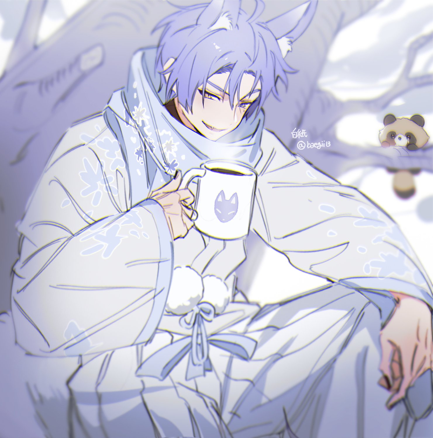 1boy, ahoge, animal, animal_ear_fluff, animal_ears, arm_on_knee, artist_name, baegji13