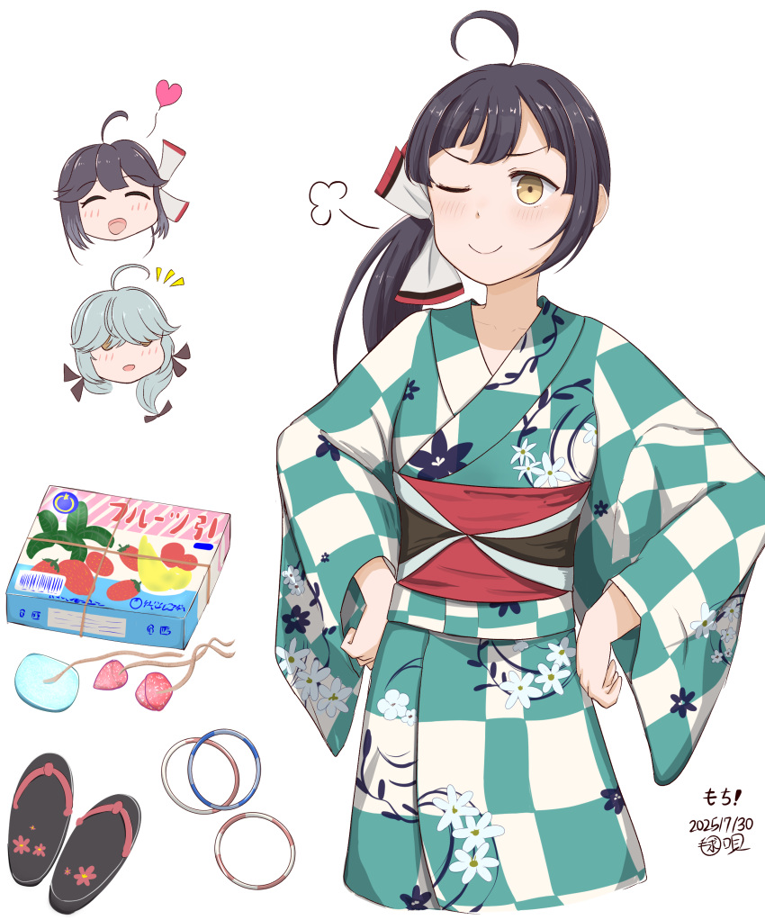 3girls, absurdres, ahoge, black_hair, box, checkered_clothes, checkered_kimono, fujinami_(kancolle)