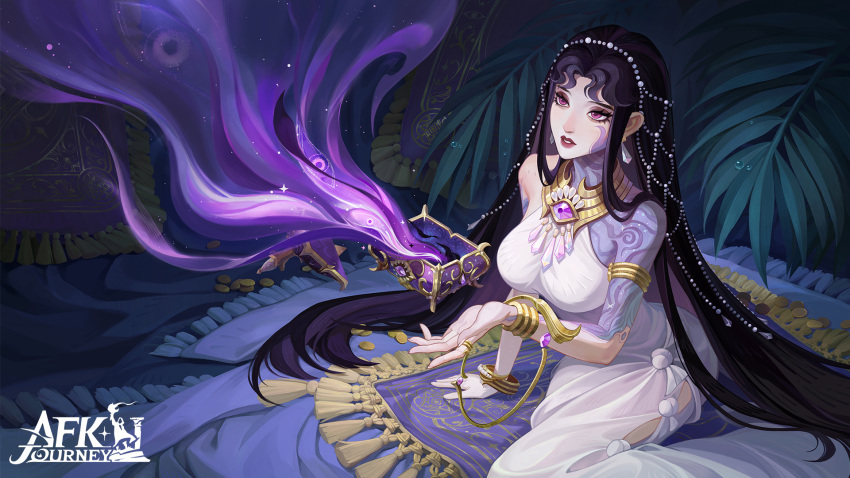 1girl, afk_(series), afk_journey, arm_support, arm_tattoo, armlet, beads, black_hair