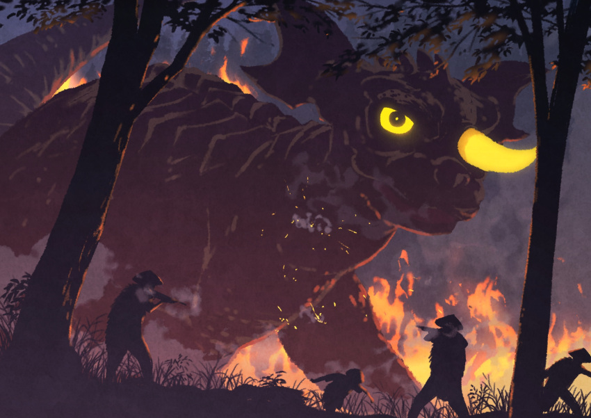 1boy, 4others, aiming, ajirogasa, baragon_(godzilla), fire, firing, fleeing
