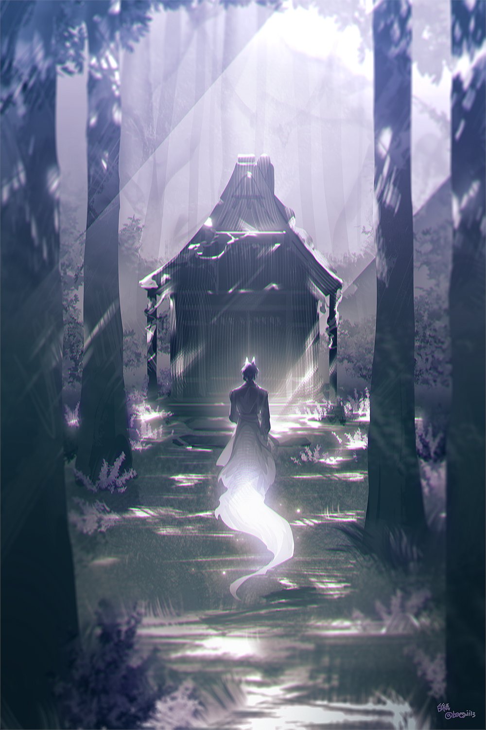 1boy, animal_ears, architecture, baegji13, black_hair, blurry, day, east_asian_architecture, facing_away, forest, fox_boy, fox_ears, fox_tail, from_behind, full_body, glowing, grass, highres, japanese_clothes, kimono, kuya_(nu_carnival), light_particles, light_rays, long_sleeves, male_focus, nature, nu_carnival, outdoors, scenery, short_hair, shrine, solo, stairs, standing, sunbeam, sunlight, tail, third-party_source, tree, wide_shot, wide_sleeves