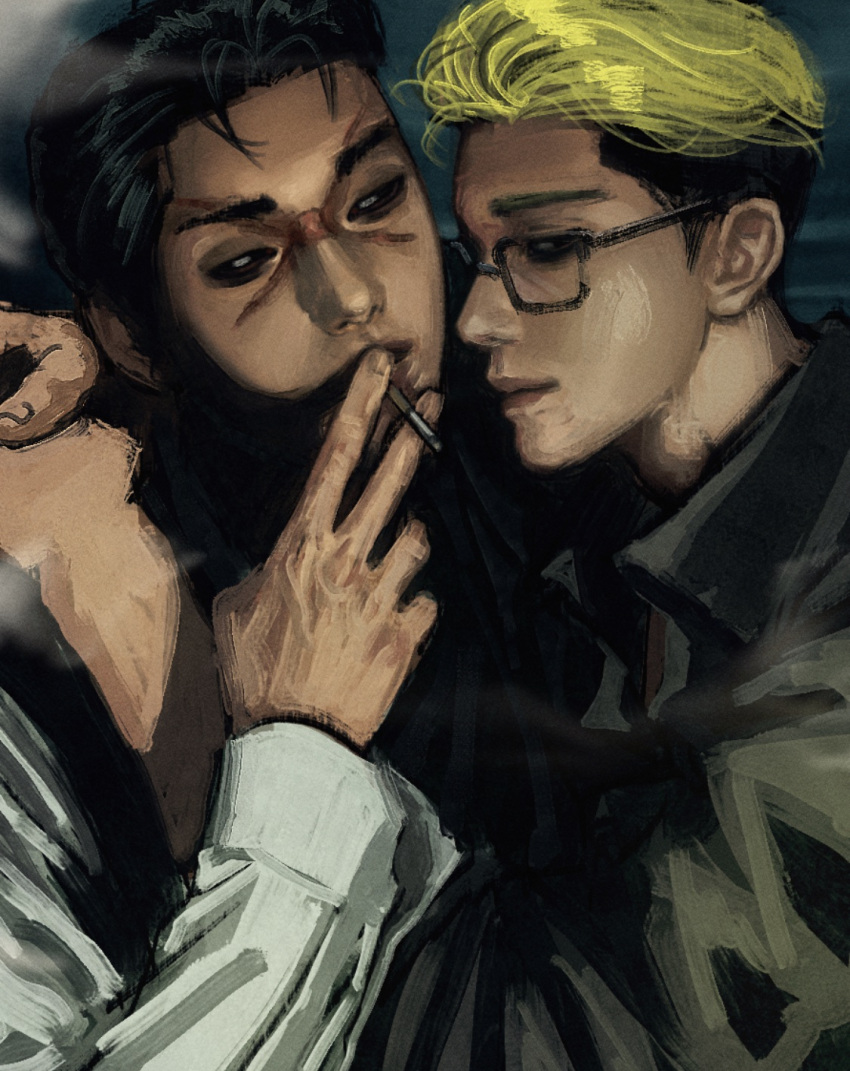 2boys, black_hair, black_sclera, blonde_hair, cigarette, closed_mouth, colored_sclera, dark_background, glasses, highres, kim_joon_goo, lookism, male_focus, multicolored_hair, multiple_boys, park_jong-geon, scar, scar_on_face, short_hair, simple_background, smoke, smoking, so_boio, two-tone_hair, upper_body
