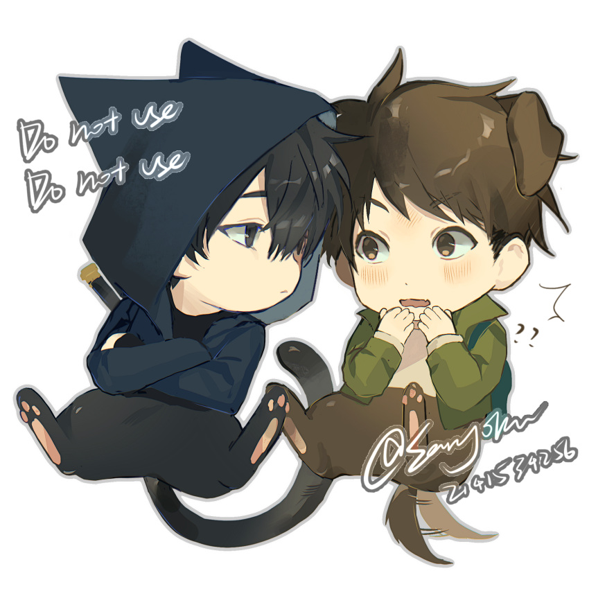 2boys, animal_ears, animal_feet, black_eyes, black_hair, blue_jacket, blush, brown_eyes