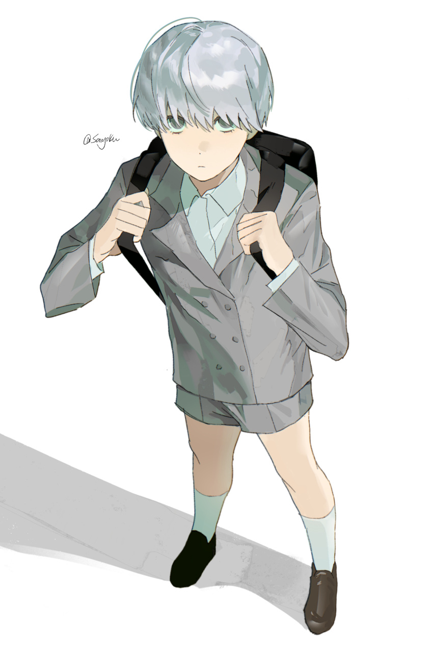 1boy, aged_down, artist_name, backpack, bag, black_bag, brown_shoes, child