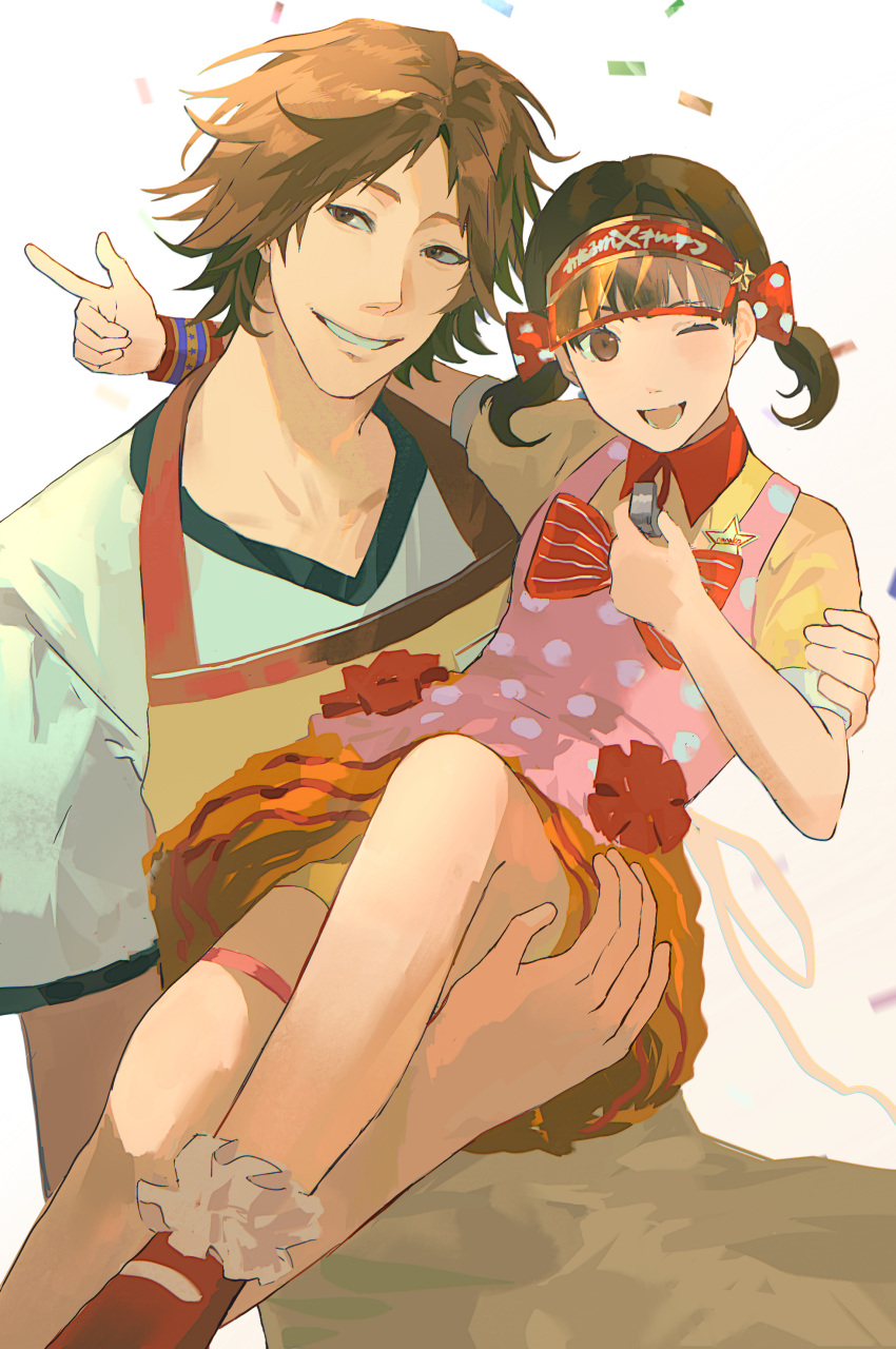 1boy, 1girl, absurdres, apron, brown_apron, brown_eyes, brown_hair, carrying