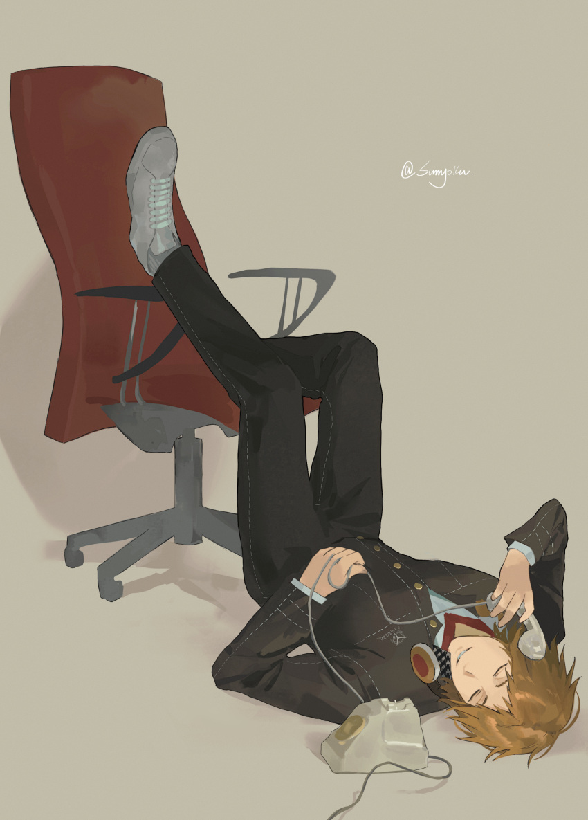 1boy, absurdres, antique_phone, black_jacket, black_pants, brown_background, brown_hair, chair