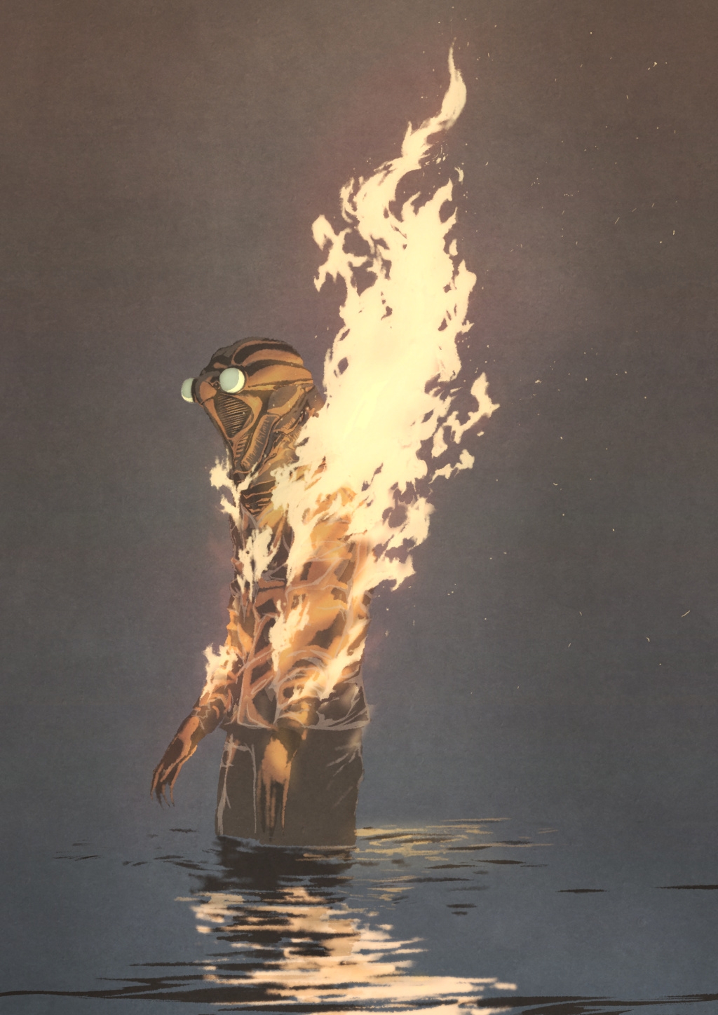 1boy, alien, arthropod_boy, black_pants, burning, cicada_human, claws, embers, fire, from_side, highres, long_sleeves, monster_boy, night, no_mouth, no_nose, no_pupils, outdoors, pants, partially_submerged, perori_(peroringa), see-through_clothes, solo, tokusatsu, ultra_q, ultra_series, water