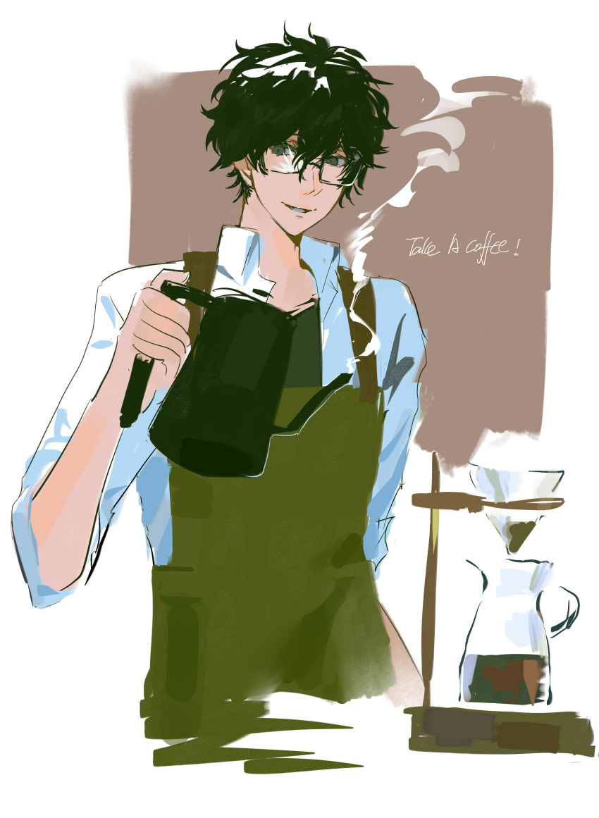 1boy, absurdres, amamiya_ren, apron, black_hair, chinese_commentary, coffee, coffee_pot