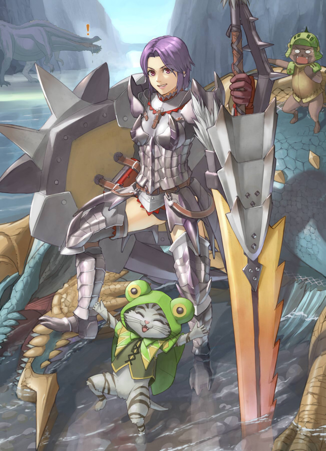 1girl, armor, deviljho, drooling, earrings, fangs, felyne, full_armor, grin, happy, jewelry, jinouga, monster_girl, monster_hunter, monster_hunter_portable_3rd, open_mouth, pointing, purple_eyes, purple_hair, shield, silver_sol_(armor), smile, sword, tan_taka, thigh-highs, thighhighs, violet_eyes, water, weapon