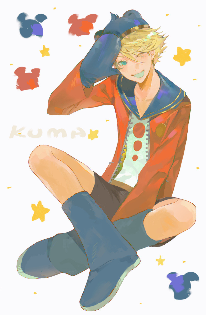 1boy, absurdres, black_shorts, blonde_hair, blue_boots, blue_eyes, blue_hat, blush