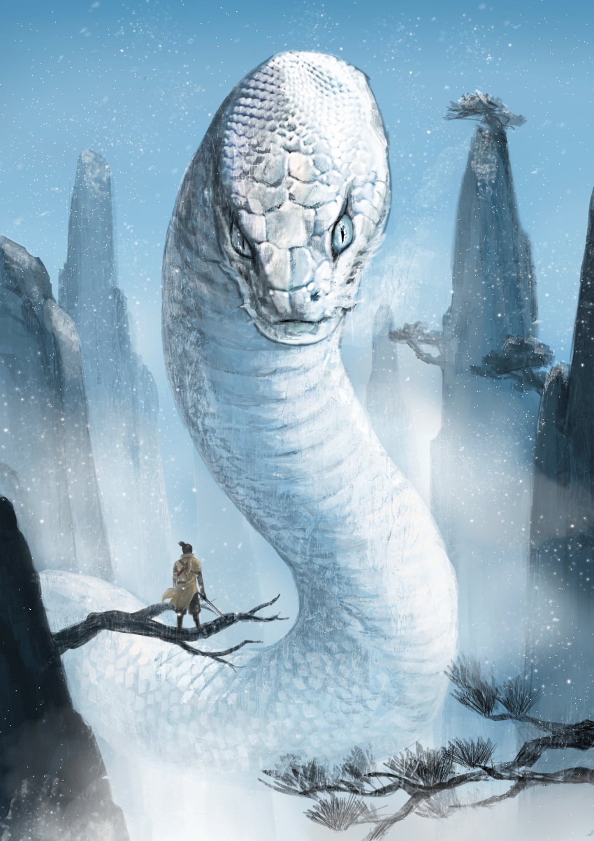 1boy, animal, blue_sky, branch, breath, commentary, day, giant_snake