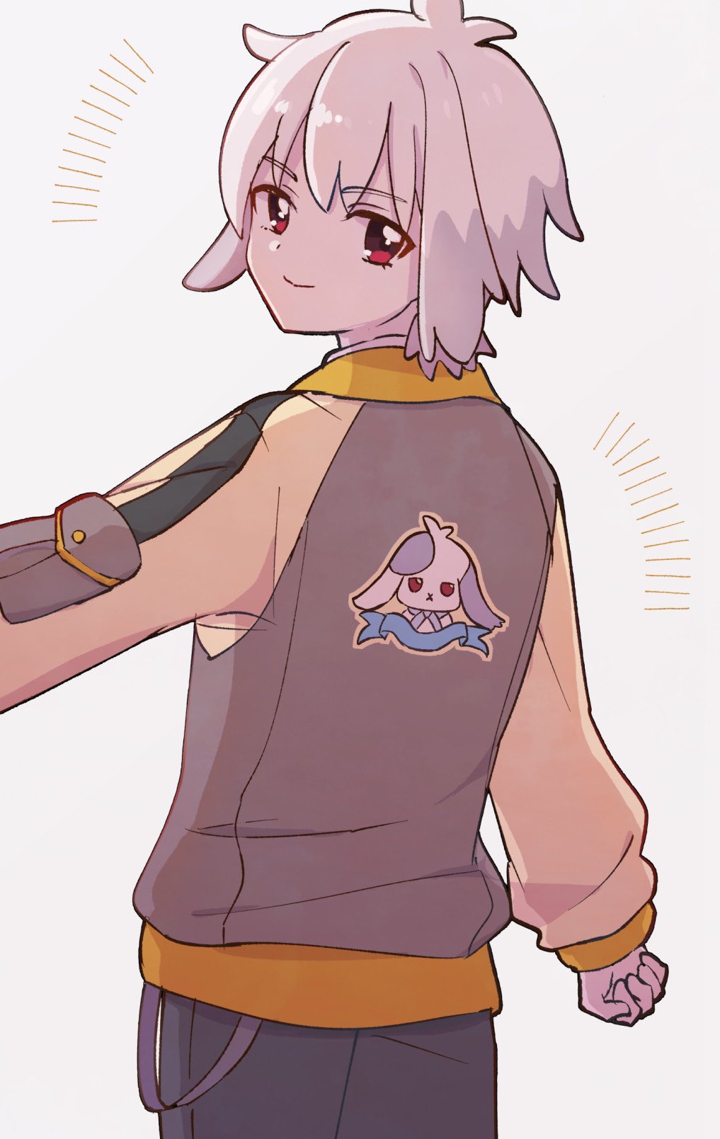 1boy, arm_up, clenched_hand, closed_mouth, from_behind, grey_hair, highres, jacket