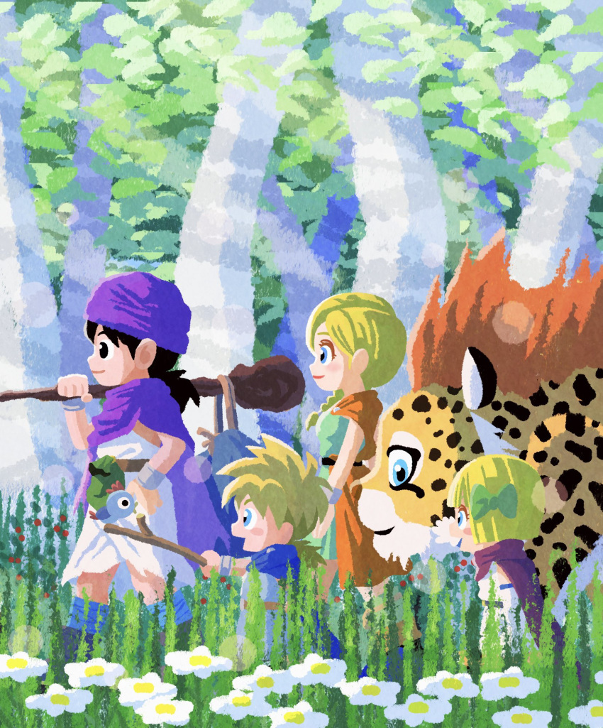 2boys, 2girls, anniversary, bianca_(dq5), bird, black_hair, blonde_hair, blue_cape