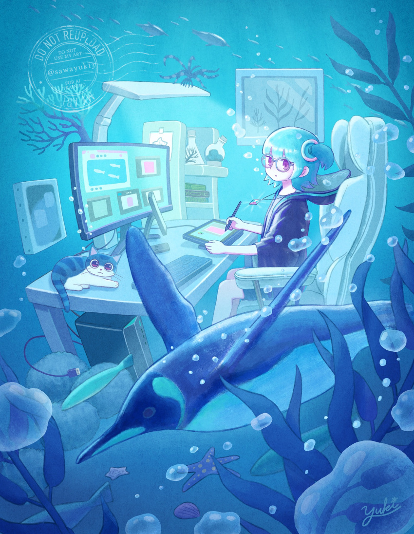 1girl, bird, blue_hair, blue_theme, bubble, cable, cat, chair