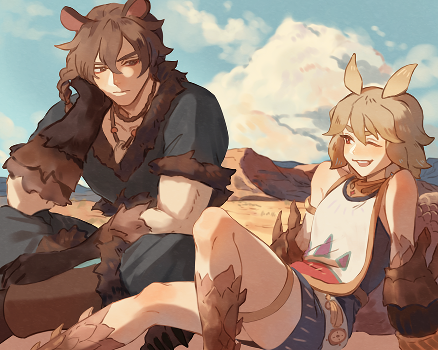 1boy, 1girl, ;d, afk_(series), afk_journey, alsa_(afk), animal_ears, arm_support, armlet, bear_boy, bear_ears, black_dress, black_shirt, blonde_hair, blue_sky, braid, brother_and_sister, brown_eyes, brown_hair, closed_mouth, clouds, commentary, cropped_shirt, cumulonimbus_cloud, day, desert, dress, fur-trimmed_shirt, fur_trim, gold_armlet, gold_thighlet, hair_between_eyes, jewelry, knee_up, looking_at_another, mountain, necklace, one_eye_closed, open_mouth, outdoors, pangolin_ears, pangolin_tail, red_eyes, shirt, short_dress, short_hair, short_sleeves, siblings, side_braid, single_braid, sitting, sky, sleeveless, sleeveless_dress, smile, soren_(afk), symbol-only_commentary, tabard, tail, tassel, teeth, thighlet, upper_teeth_only, white_tabard, yepnean
