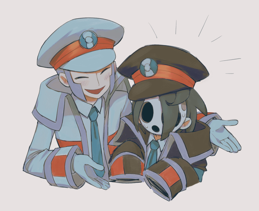 2boys, absurdres, ahoge, allister_(pokemon), black_coat, blue_necktie, closed_eyes, coat