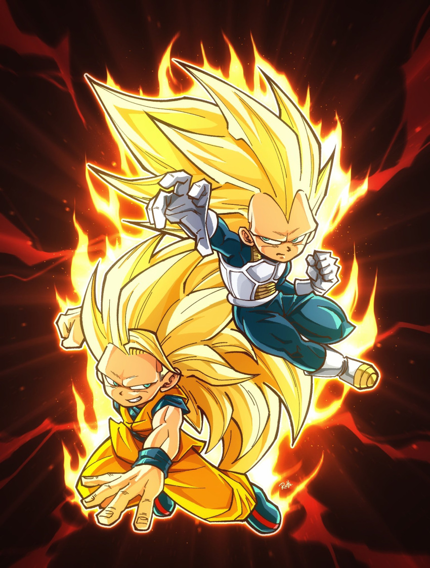 2boys, armor, aura, black_background, blonde_hair, blue_bodysuit, blue_boots, blue_shirt