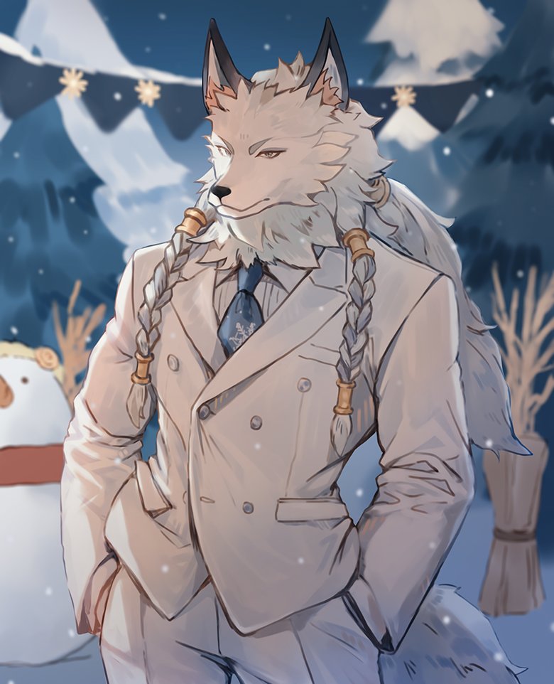 1boy, afk_(series), afk_journey, animal_ear_fluff, animal_ears, blue_necktie, blurry, blurry_background