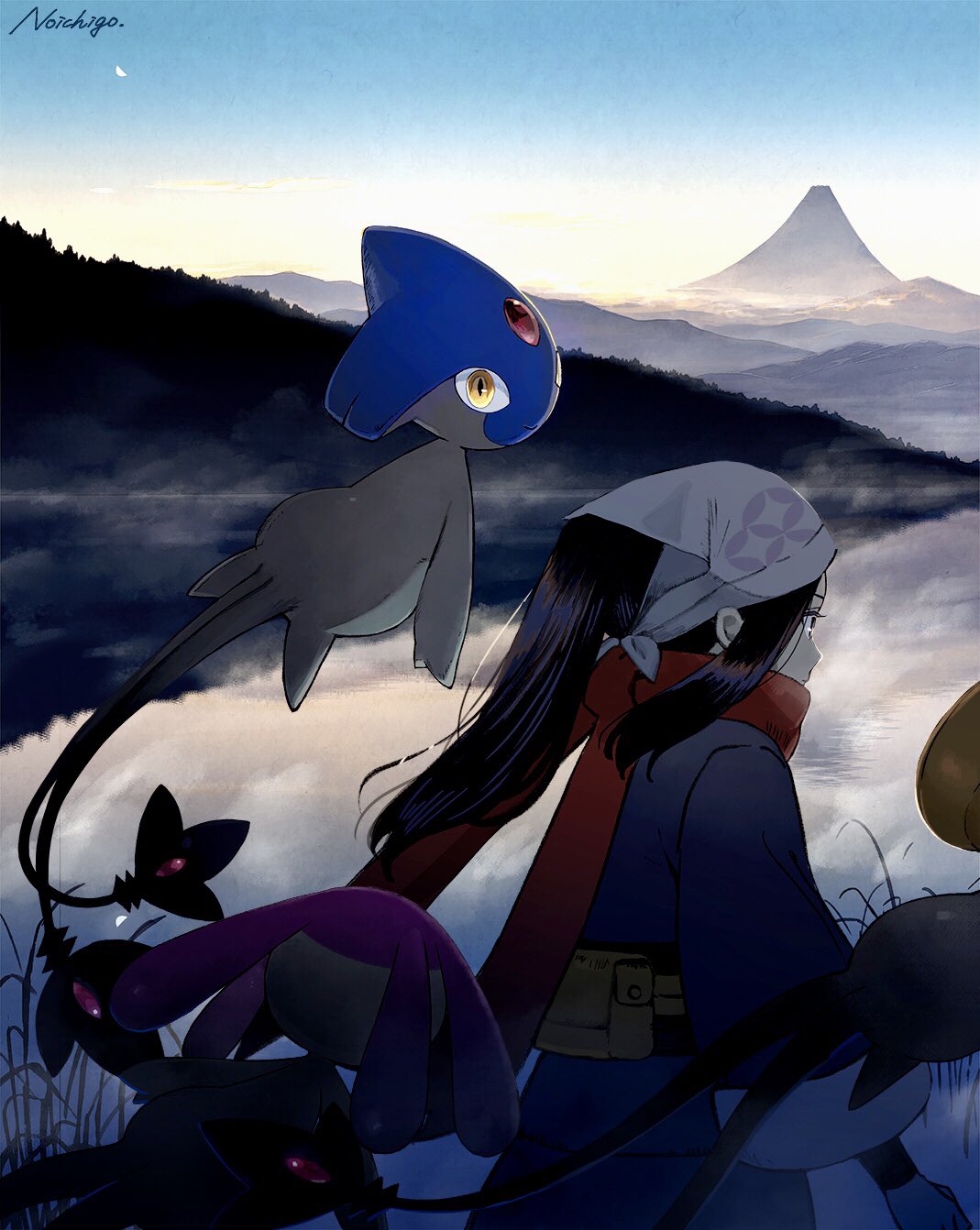 1girl, akari_(pokemon), artist_name, azelf, belt_pouch, black_hair, black_kimono, black_sash