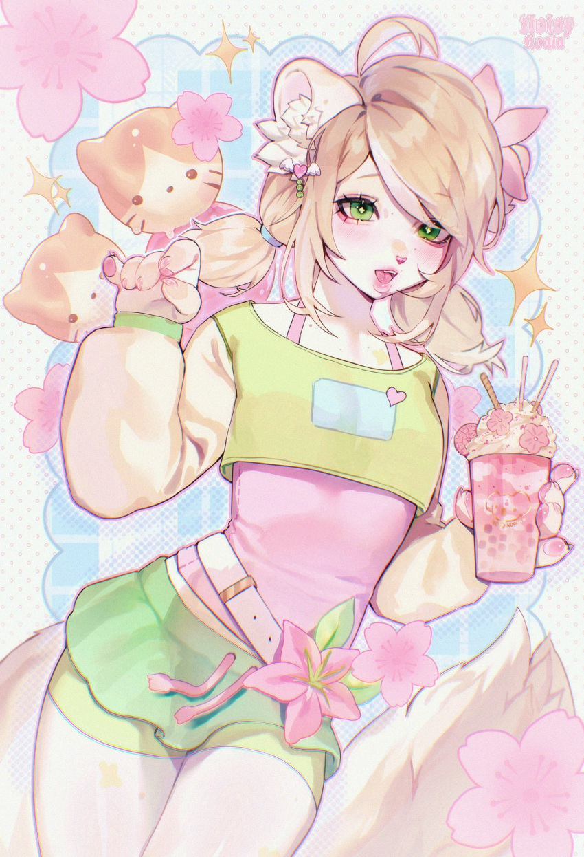 1girl, aegyo_sal, ahoge, animal_ear_fluff, animal_ears, animal_hands, animal_nose, belt, blonde_hair, blush, cherry_blossoms, claws, commentary, crop_top, cup, drink, earrings, fashion, flat_chest, flower, furry, furry_female, green_eyes, green_shirt, green_shorts, gyaru, highres, holding, holding_cup, jewelry, layered_clothes, lips, long_sleeves, looking_at_viewer, low_twintails, medium_hair, noisykoala, open_mouth, original, pawpads, pink_tank_top, shirt, short_twintails, shorts, solo, symbol-only_commentary, tail, tank_top, twintails, whipped_cream, white_belt