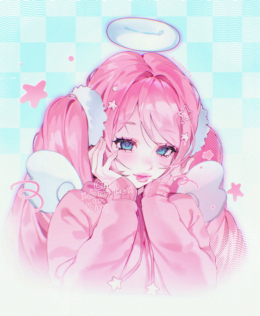 1girl, aegyo_sal, angel, angel_wings, blush, commentary, commission, drawstring
