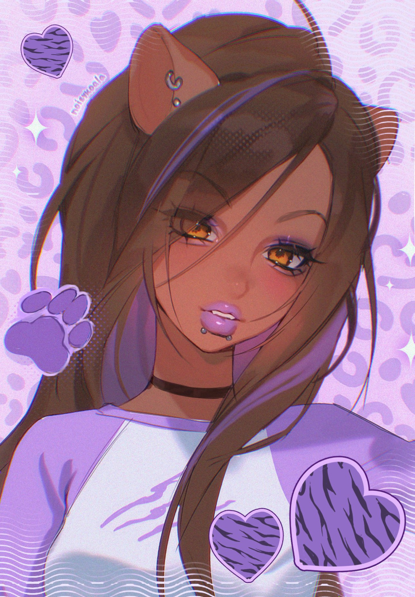 1girl, aegyo_sal, animal_ear_piercing, animal_ears, big_hair, brown_hair, choker, clawdeen_wolf