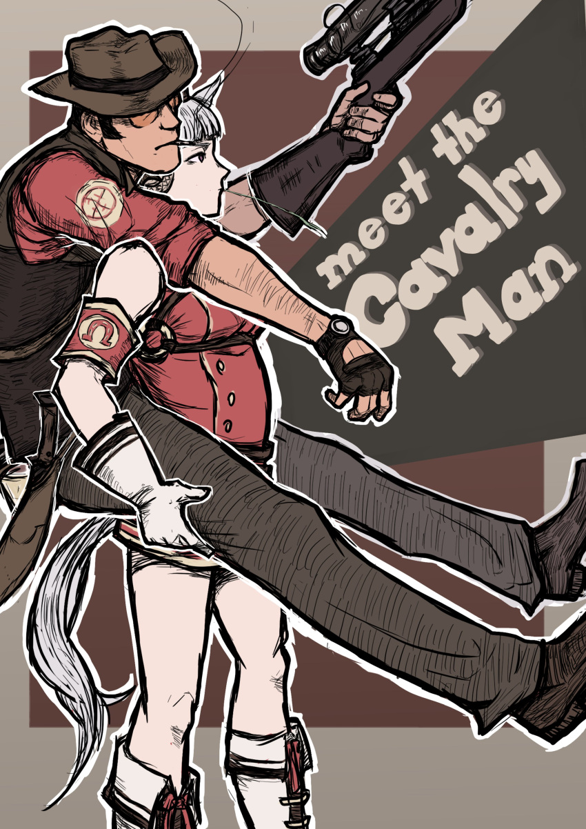 absurdres, armband, brown_pants, carrying, color_connection, english_text, gold_ship_(umamusume), gun, highres, jacket, limestone_(artist), meet_the_team, pants, piggyback, red_armband, red_jacket, red_sniper_(tf2), rifle, sketch, sniper_(tf2), sniper_rifle, team_fortress_2, umamusume, weapon