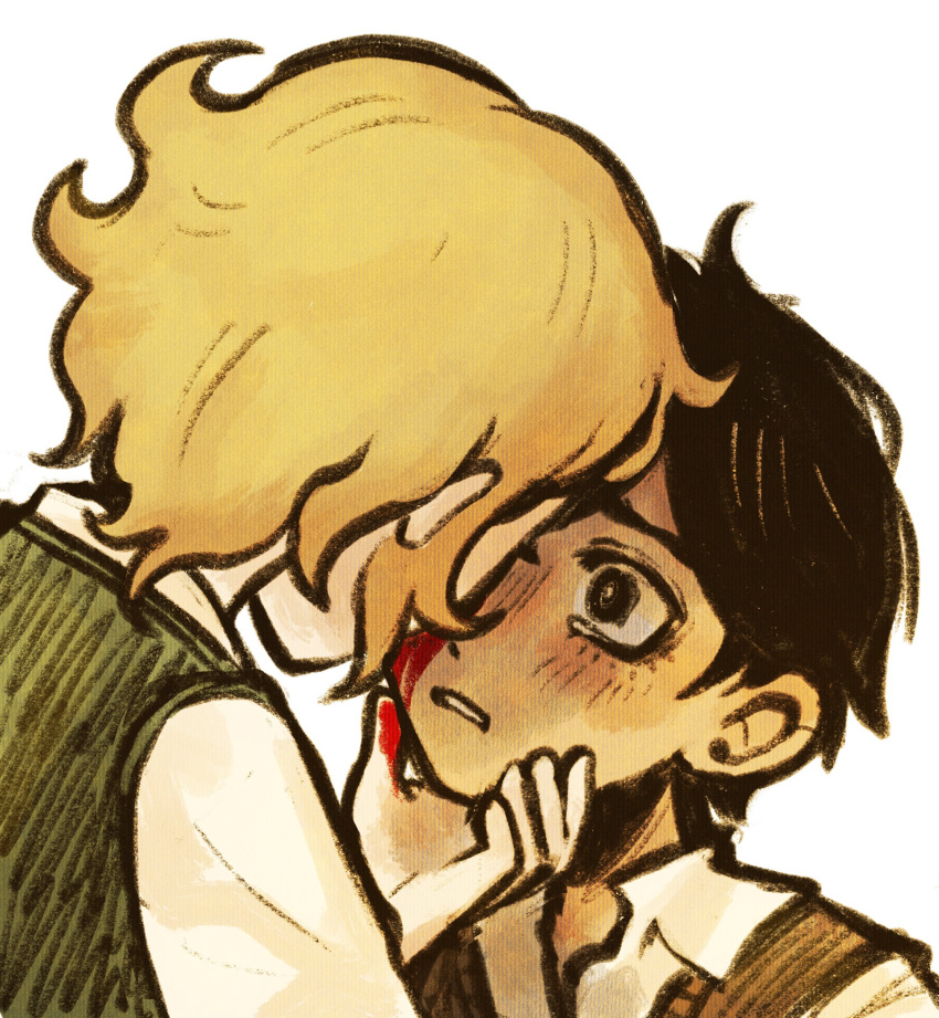 2boys, basil_(faraway)_(omori), basil_(omori), black_eyes, black_hair, black_sweater_vest, blonde_hair, blood