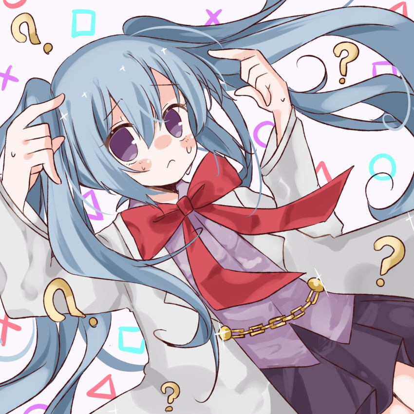 1girl, ?, blue_hair, blush, bow, bowtie, chain, confused