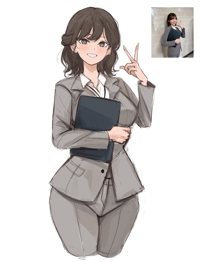1girl, araki_saori, blazer, breasts, bright_pupils, brown_eyes, business_suit, collared_shirt