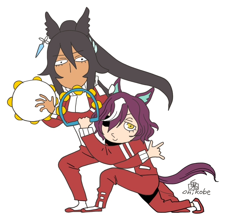 2girls, animal_ears, black_eyes, black_hair, commentary_request, constricted_pupils, dark-skinned_female, dark_skin