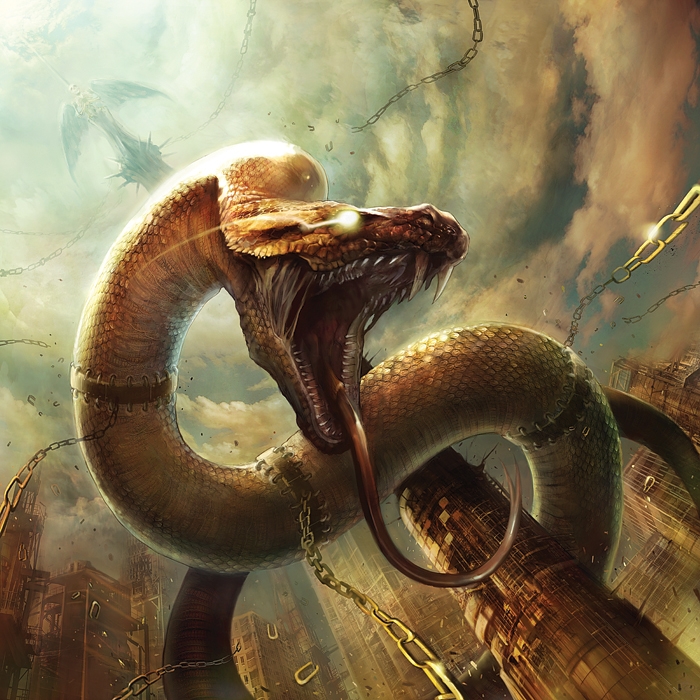 chain, chains, giant_animal, giant_snake, glowing, glowing_eyes, kyoung_hwan_kim, no_humans