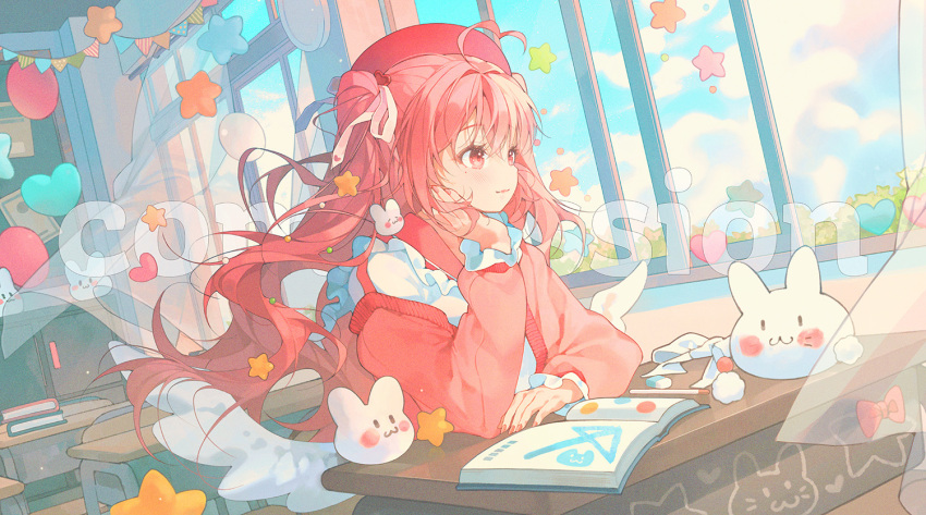 1girl, ahoge, arm_on_table, balloon, blue_sky, book, bow, cardigan