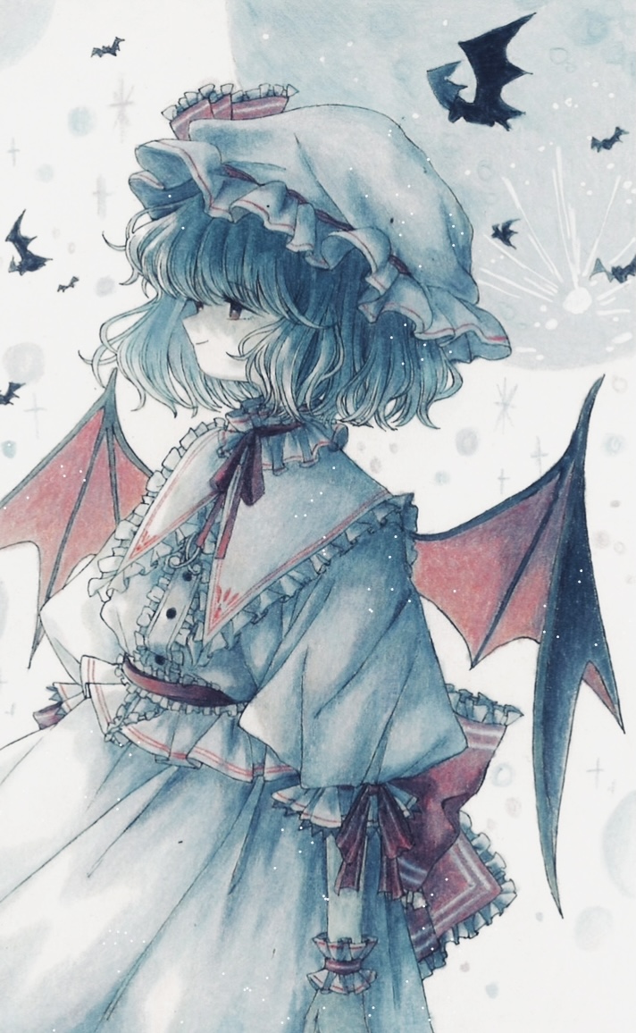 1girl, back_bow, bat_(animal), bat_wings, blue_hair, bow, collar, colored_pencil_(medium)