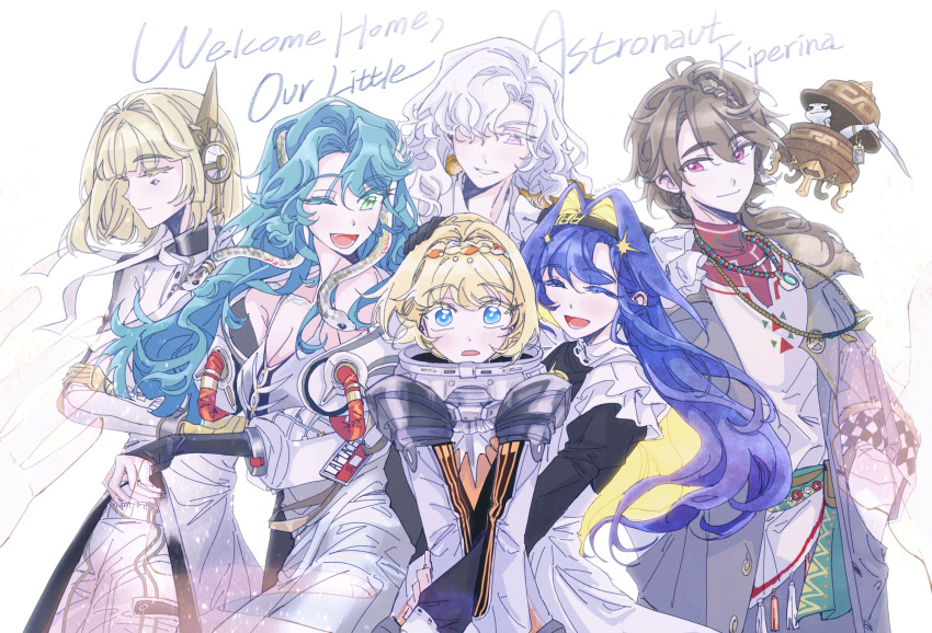 1boy, 5girls, ;d, ^_^, apron, astronaut, bare_shoulders, bead_necklace