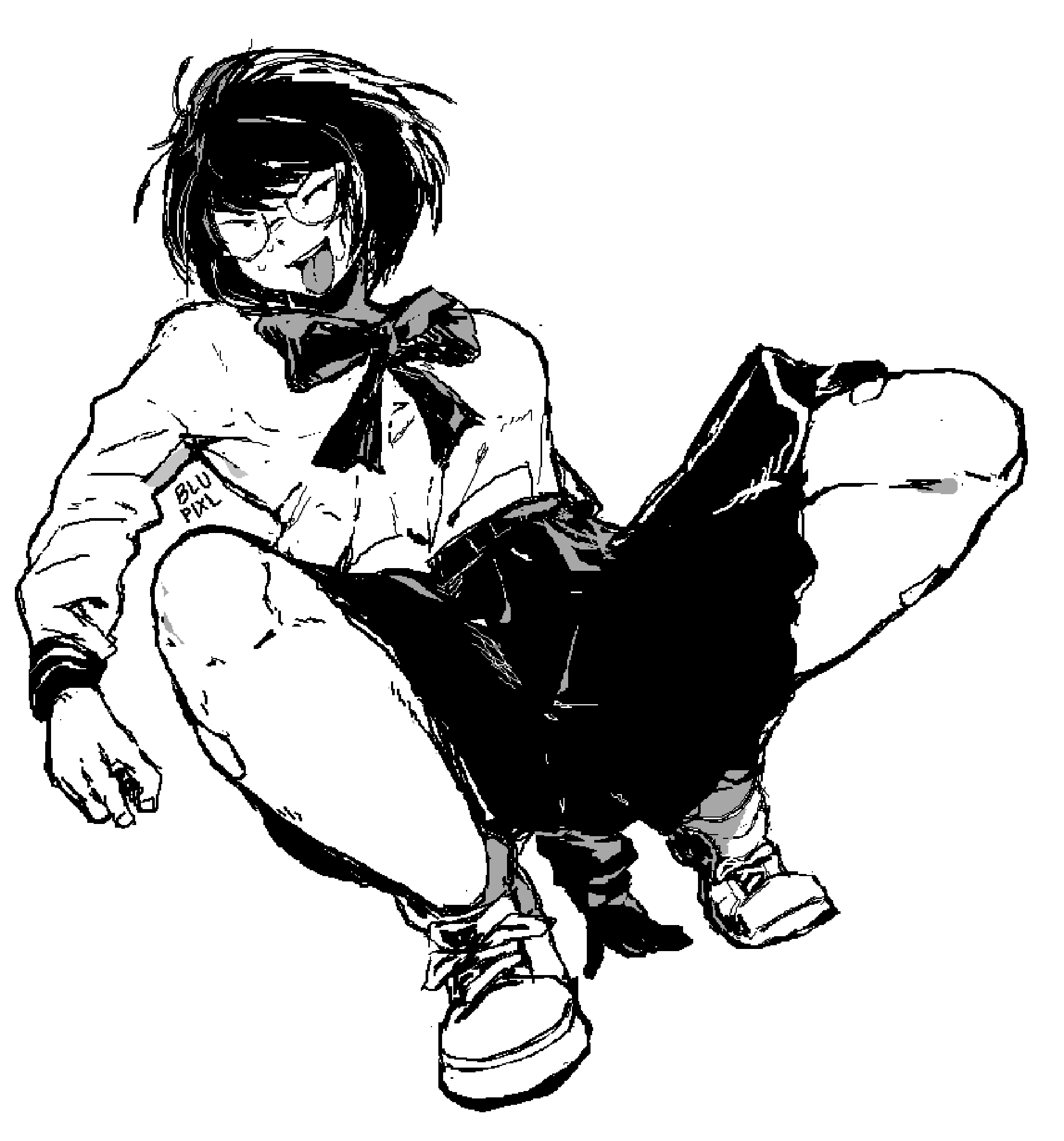 1girl, artist_name, bandaid_on_thigh, blupixl, borrowed_character, full_body, grey_background, highres, jimiko, jitome, mob_face, monochrome, open_mouth, original, pleated_skirt, school_uniform, serafuku, she_(hachinuki_tetsuyo), shoes, short_hair, simple_background, skirt, sneakers, solo, squatting, sweatdrop, tongue, tongue_out, white_background