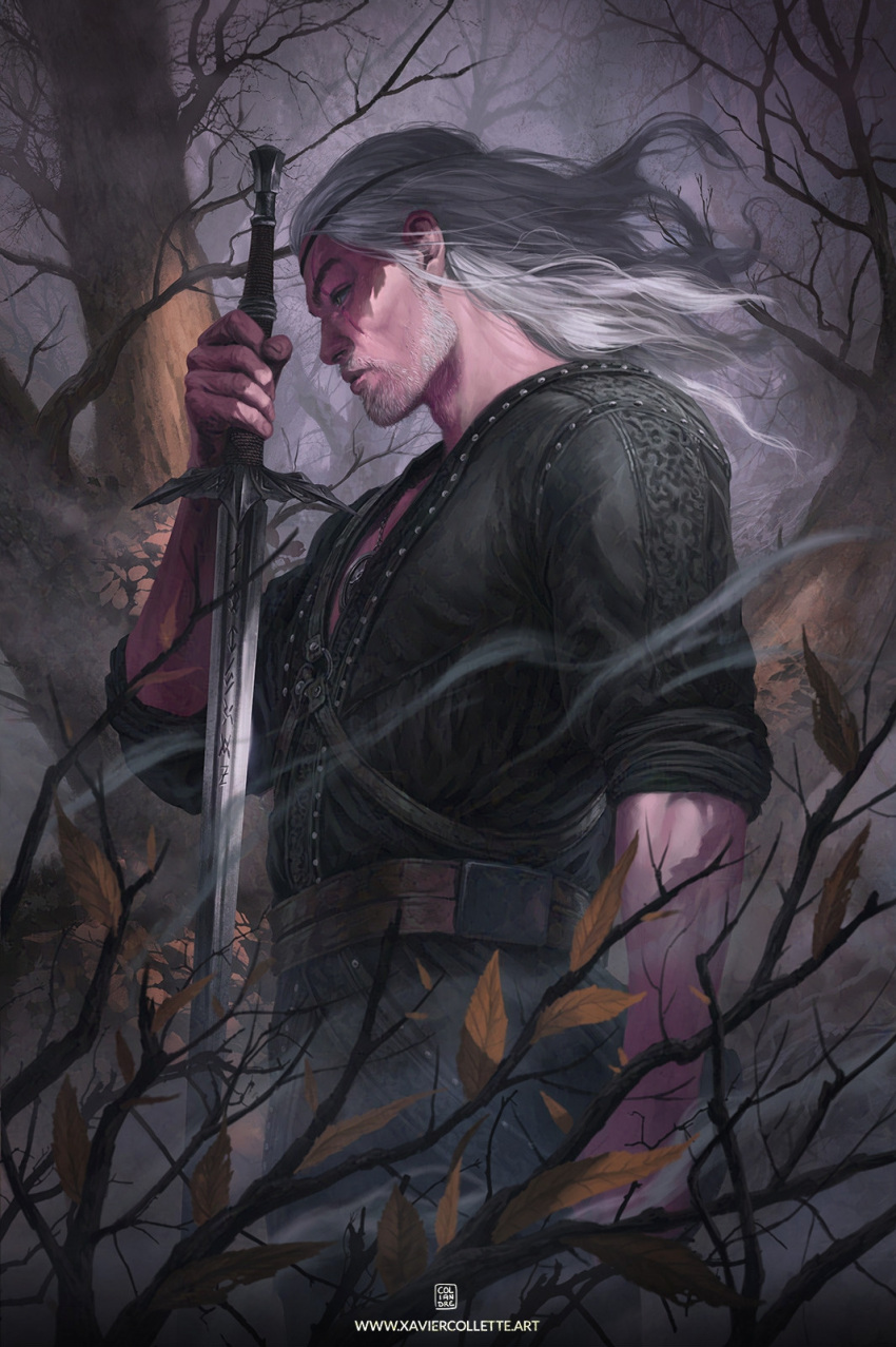 1boy, artist_name, beard_stubble, black_shirt, coliandre, facial_hair, geralt_of_rivia, highres
