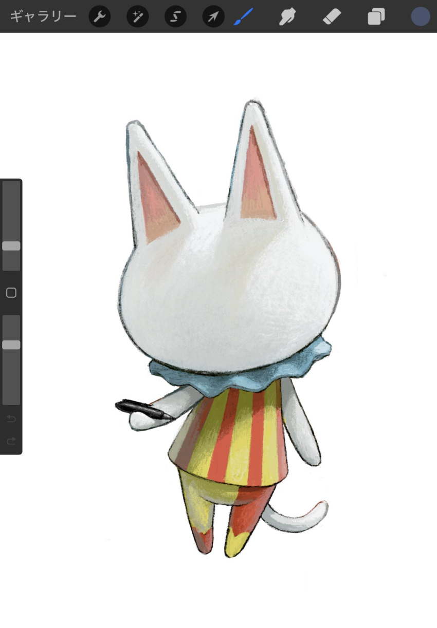 animal_crossing, art_program_in_frame, asymmetrical_pants, blanca_(animal_crossing), collar, faceless, frilled_collar, frills, full_body, gumidrawing, highres, holding, holding_pen, outstretched_arm, pen, shirt, standing, striped_clothes, striped_shirt, vertical-striped_clothes, vertical-striped_shirt, white_background
