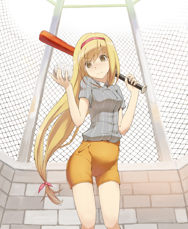 1girl, baseball_bat, blonde_hair, cccpo, copyright_request, hairband, long_hair, smile, softball, solo, thigh_gap, very_long_hair, yellow_eyes
