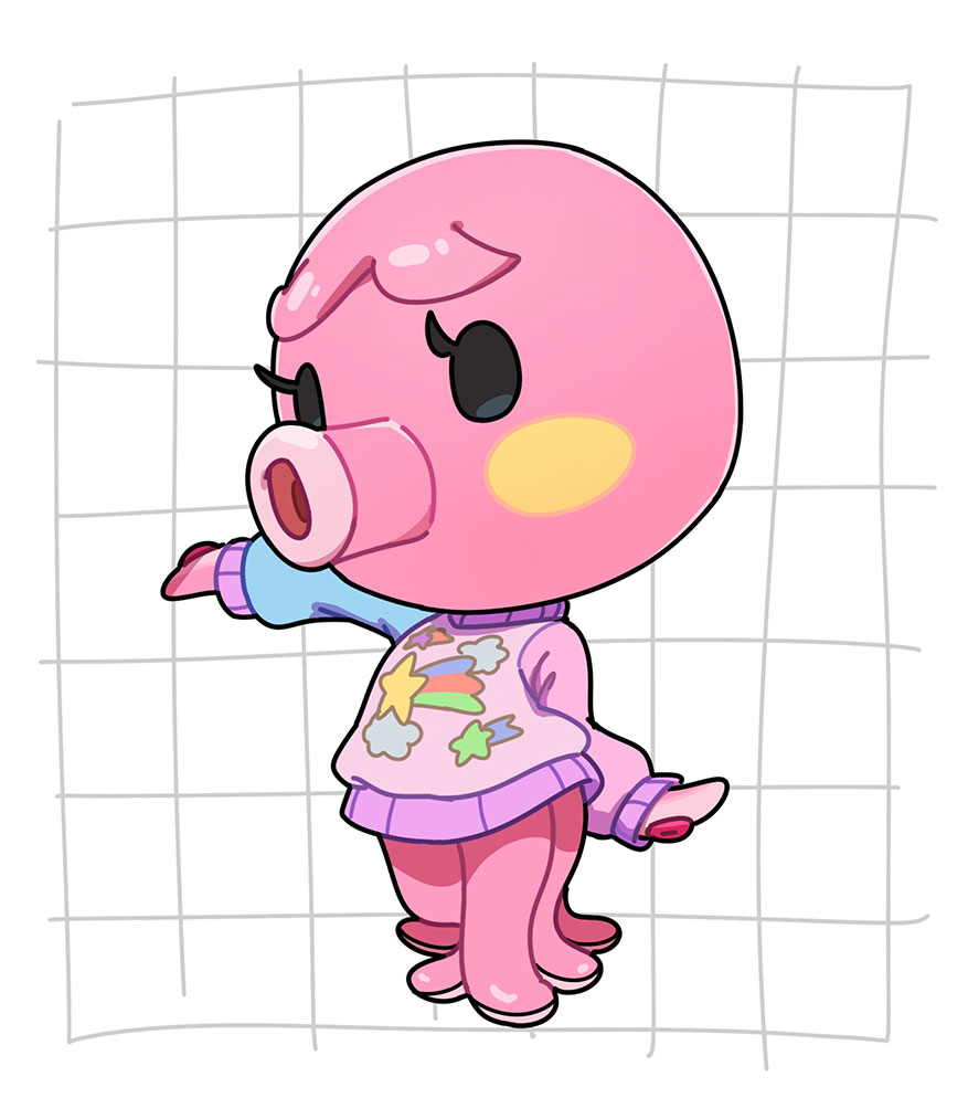 1girl, animal_crossing, black_eyes, blush_stickers, colored_skin, commentary_request, full_body, grid_background