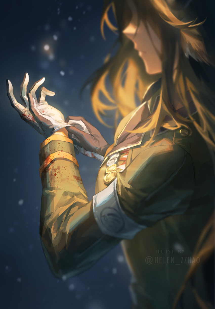 1girl, adjusting_clothes, adjusting_gloves, arknights, blonde_hair, blood, blood_on_clothes, blood_on_hands