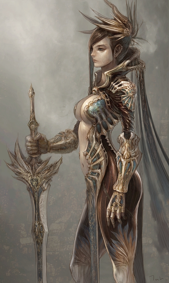 breasts, brown_hair, center_opening, cleavage, copyright_request, earrings, gauntlets, grey_eyes