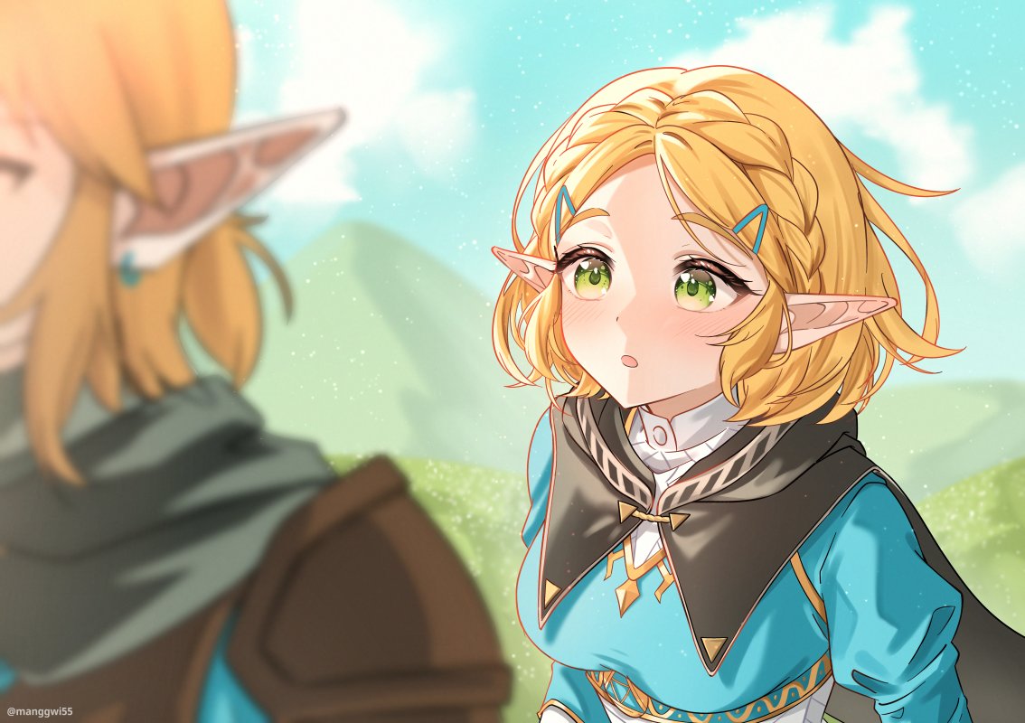1boy, 1girl, :o, black_cape, blonde_hair, blue_shirt, blue_sky, blush, braid, cape, clouds, commentary_request, crown_braid, day, green_eyes, hair_ornament, hairclip, height_difference, link, long_sleeves, looking_at_another, manggwi55, outdoors, pointy_ears, princess_zelda, shirt, short_hair, sidelocks, sky, sunlight, the_legend_of_zelda, the_legend_of_zelda:_tears_of_the_kingdom, twitter_username