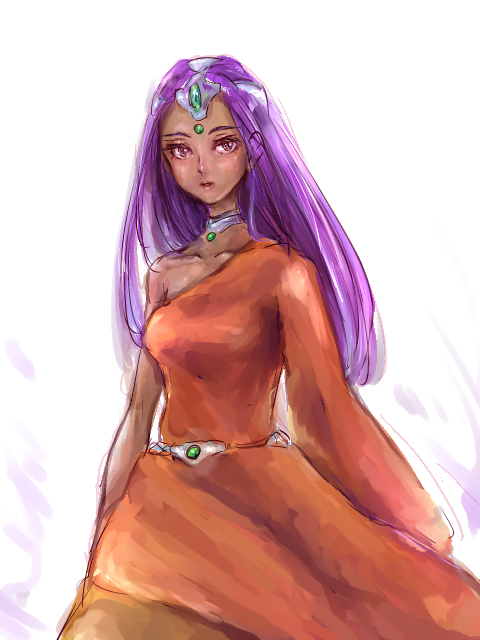 1girl, asymmetrical_dress, circlet, dark-skinned_female, dark_skin, dragon_quest, dragon_quest_iv, dress, earrings, forehead_jewel, gem, green_gemstone, jewelry, kankitsurui_(bigarade_moon), long_dress, long_hair, long_sleeves, looking_at_viewer, metal_belt, minea_(dq4), orange_dress, parted_lips, purple_hair, silver_circlet, single_bare_shoulder, single_sleeve, solo, sphere_earrings, violet_eyes
