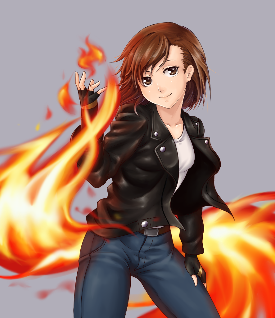 1girl, alternate_element, asymmetrical_bangs, belt, black_gloves, black_jacket, blue_pants, breasts