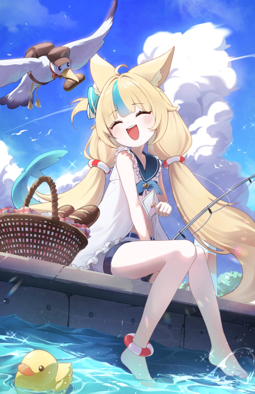 1girl, animal_ears, basket, bird, blue_streaks, bread, cat_ears, closed_eyes