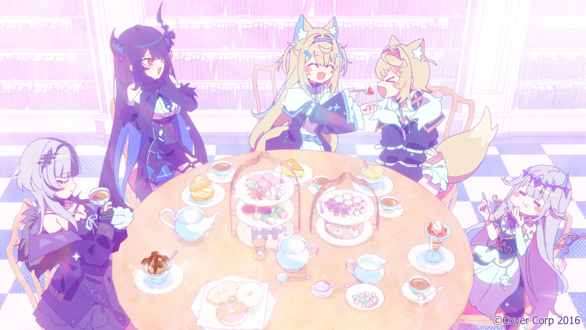 >_<, 4girls, ^_^, absurdres, animal_ears, asymmetrical_horns, bandaid, bandaid_hair_ornament