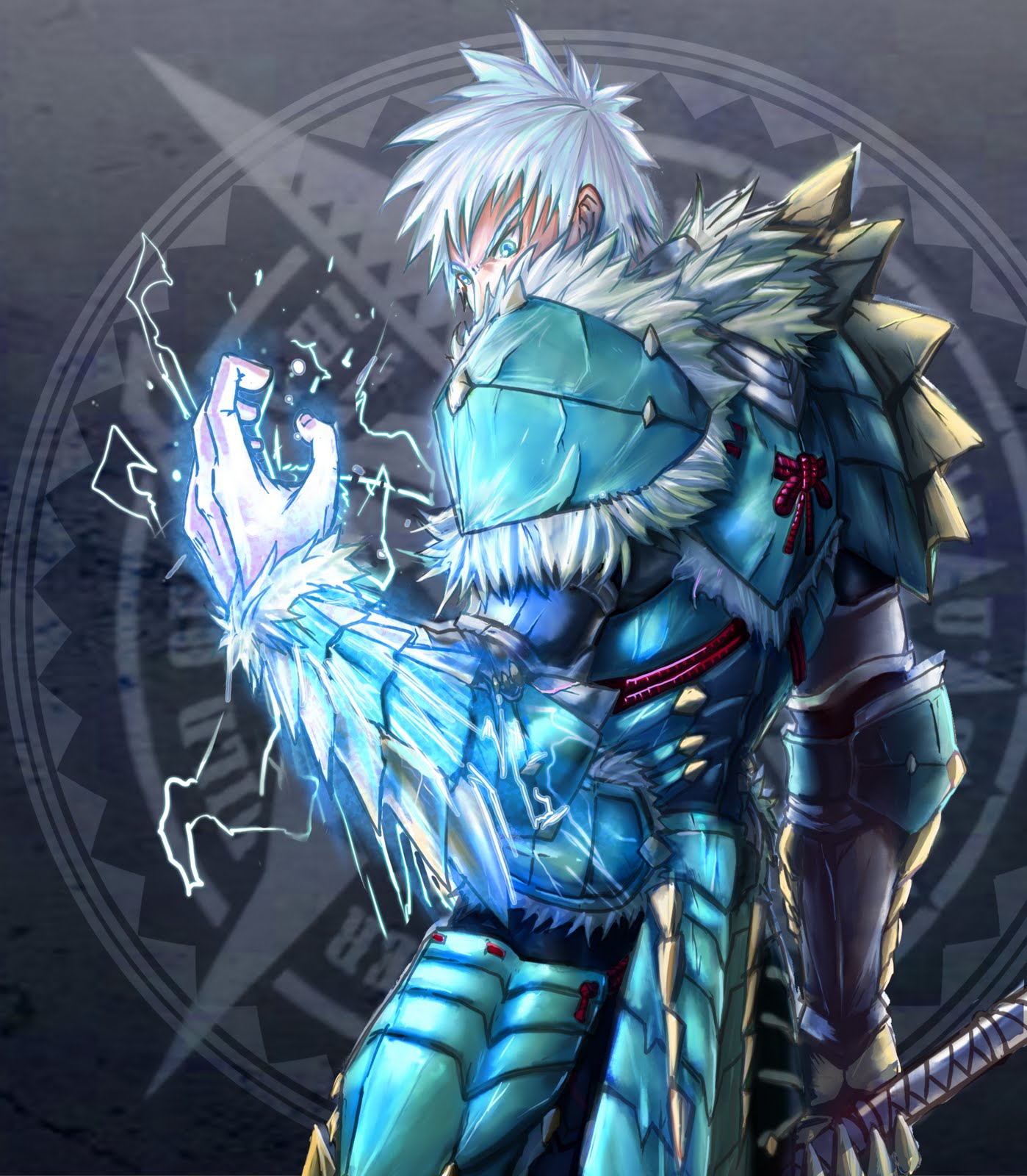 background, electricity, green_eyes, highres, jinouga_(armor), male, monster_hunter, monster_hunter_portable_3rd